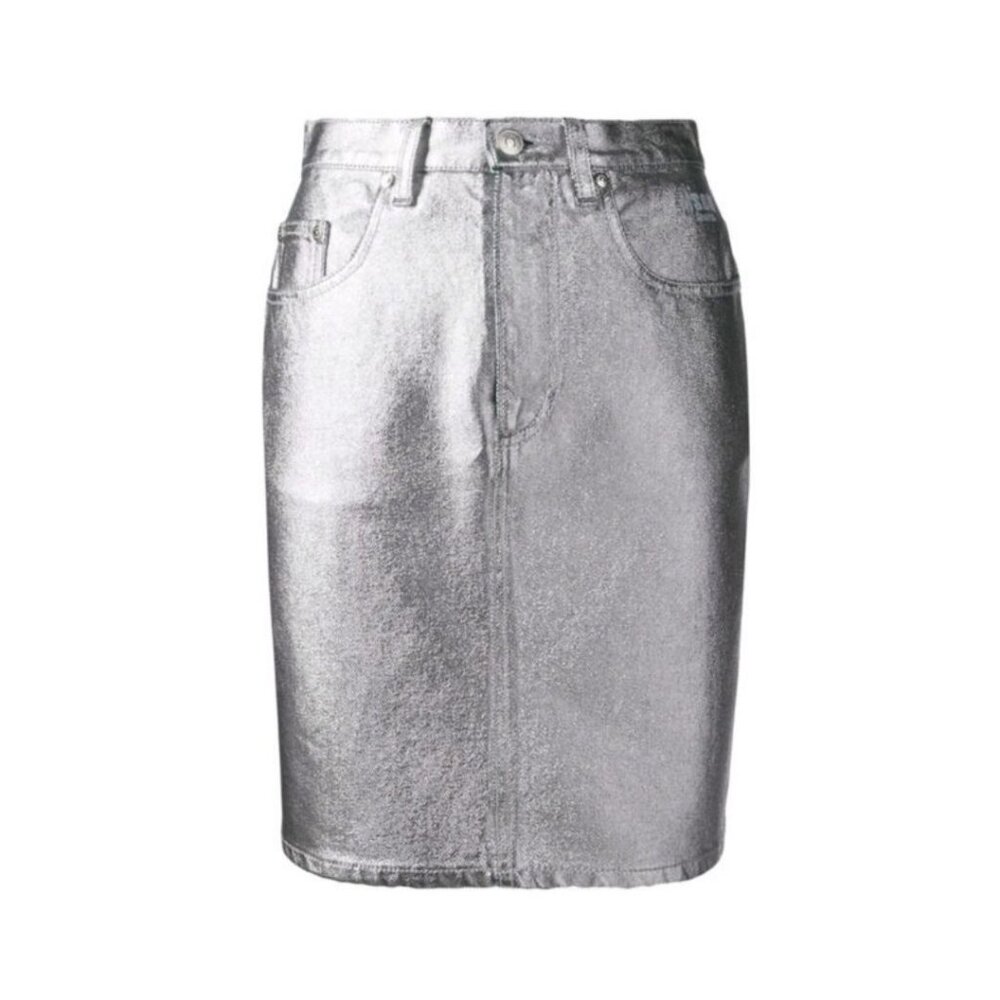 MSGM Gonna In Denim Metallic Coated Silver Skirt Size 42